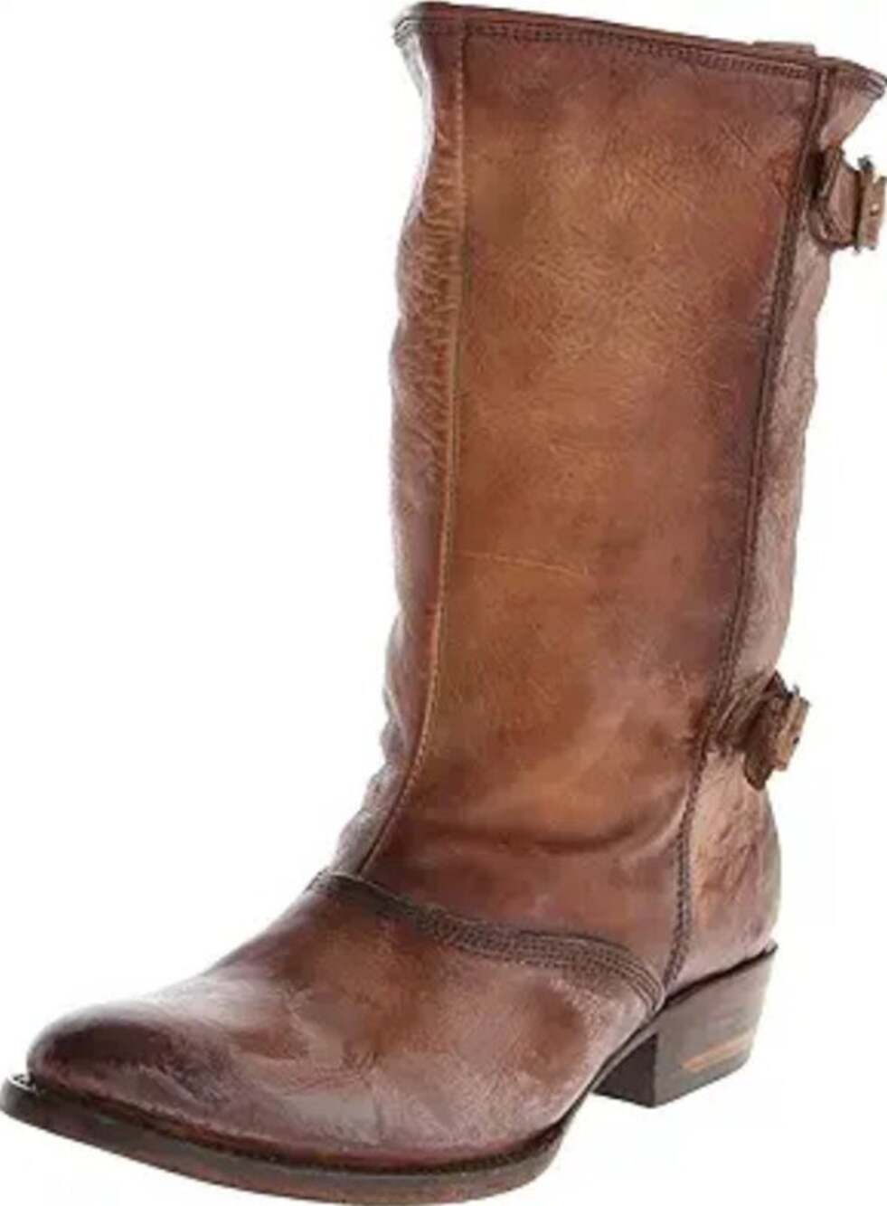 Freebird by Steven Knox Mid Calf Boot Slouch Leather Buckle Stacked Heel Brown 8